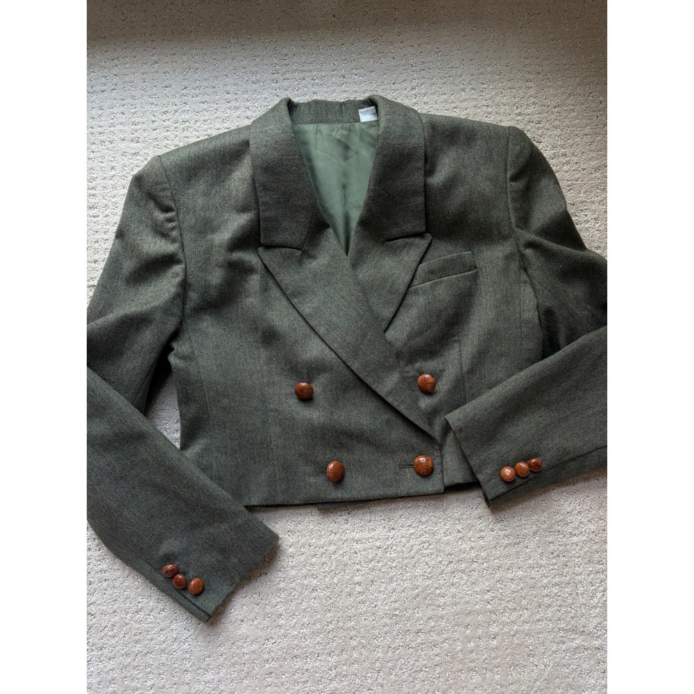 Blazer 8 Olive 100% Wool Cropped Double Breasted Dark Academia Vintage Boxy